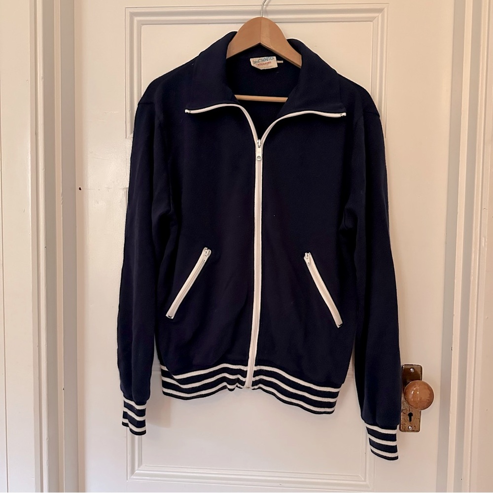 Vintage White Stag Navy Ski Jacket; White Trim, Banded Hem, Cuffs, Mens Size L